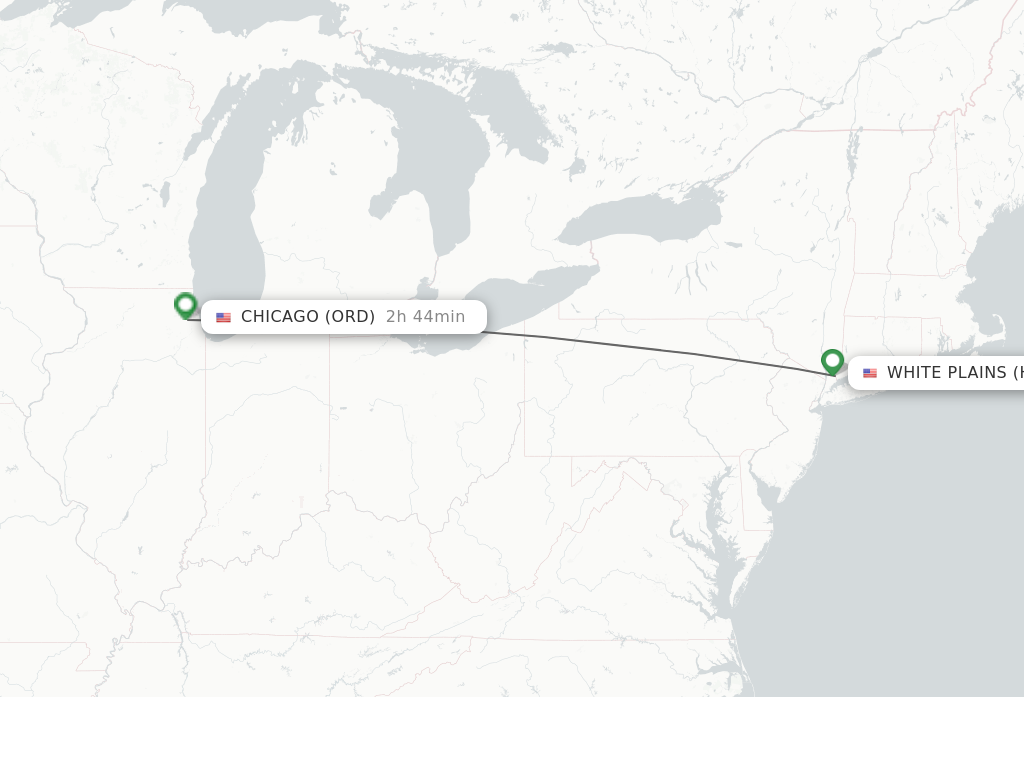 Flights from White Plains to Chicago route map