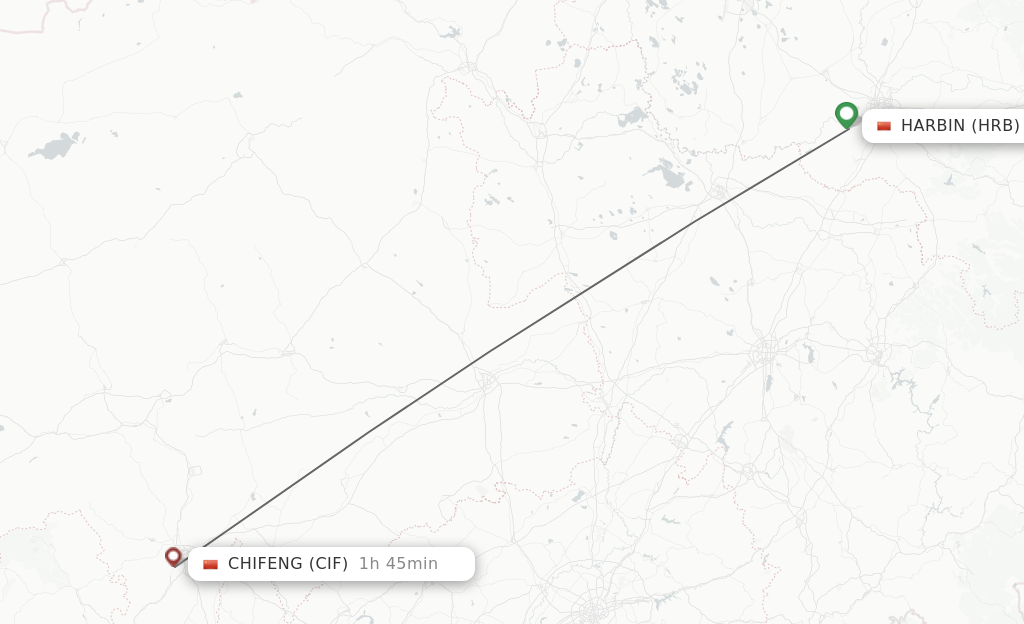 Flights from Harbin to Chifeng route map