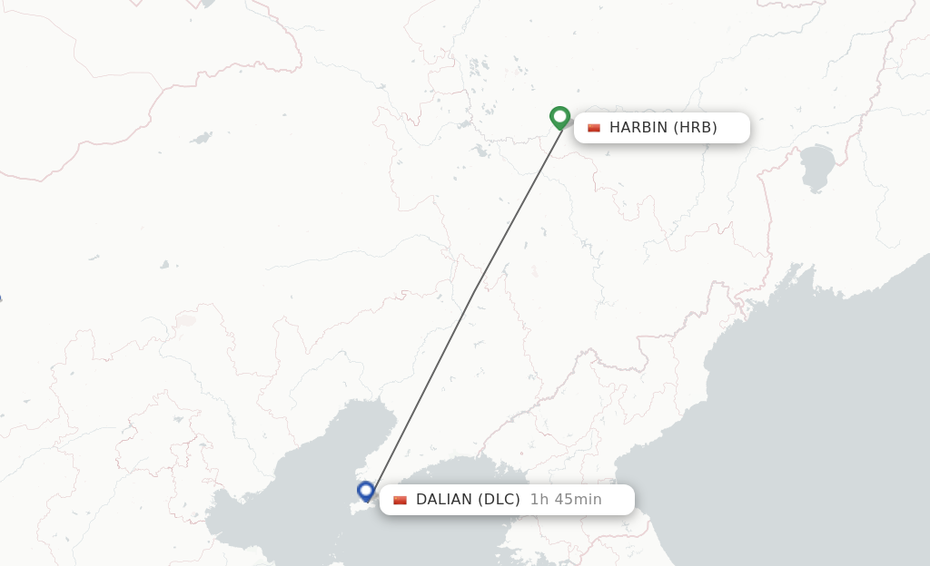 Flights from Harbin to Dalian route map