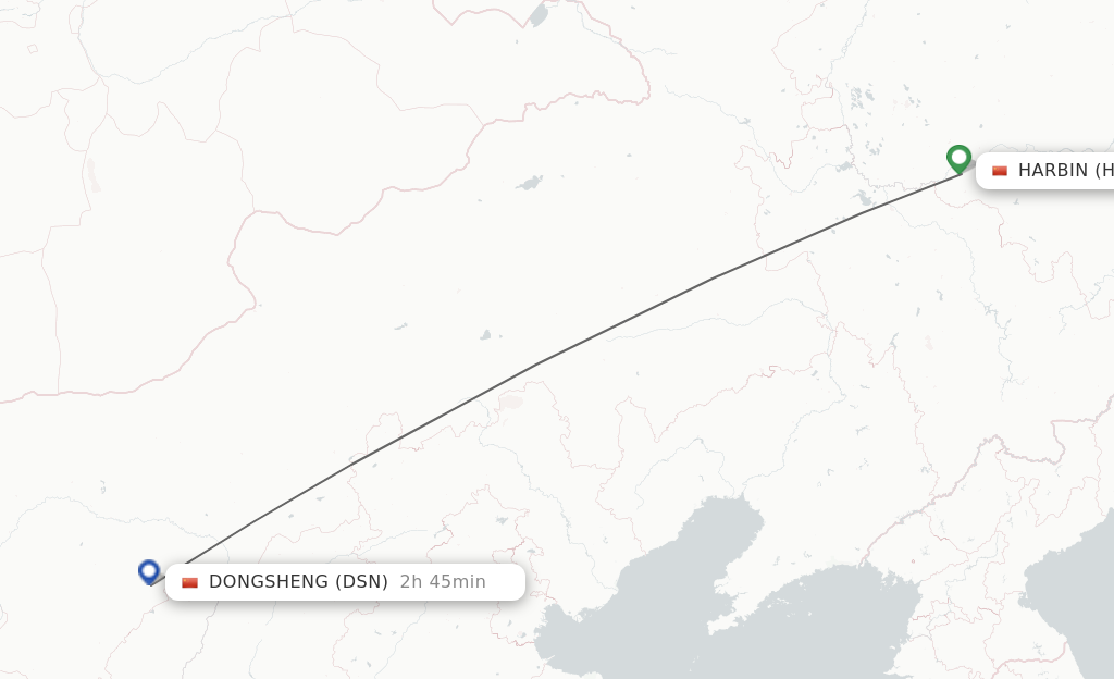 Flights from Harbin to Dongsheng route map