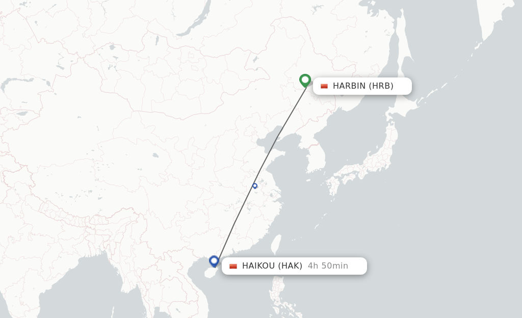 Flights from Harbin to Haikou route map