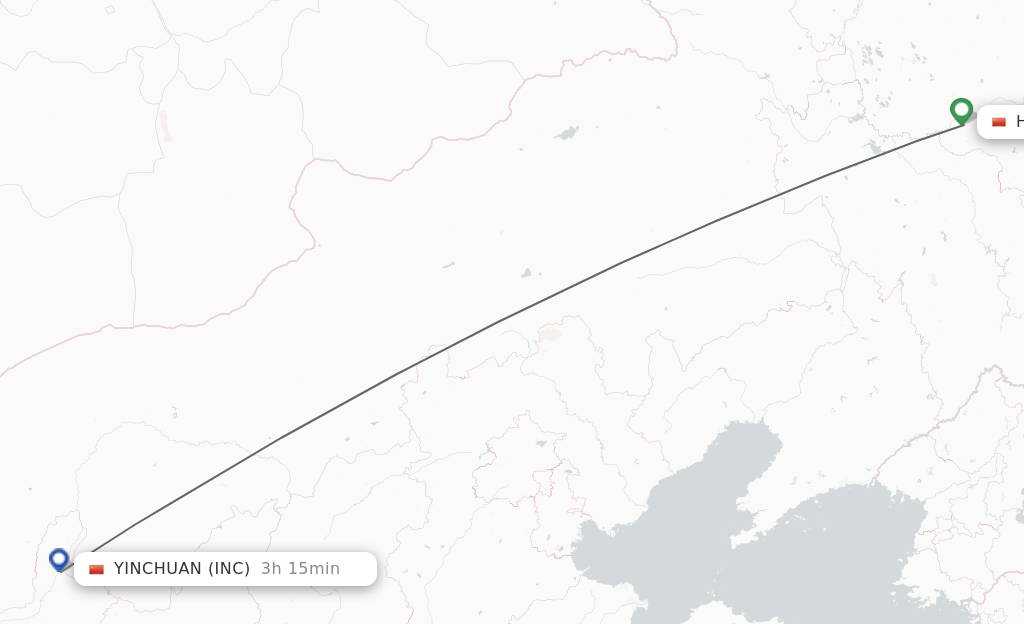 Flights from Harbin to Yinchuan route map