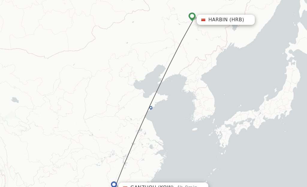 Flights from Harbin to Ganzhou route map