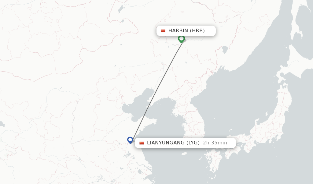 Flights from Harbin to Lianyungang route map