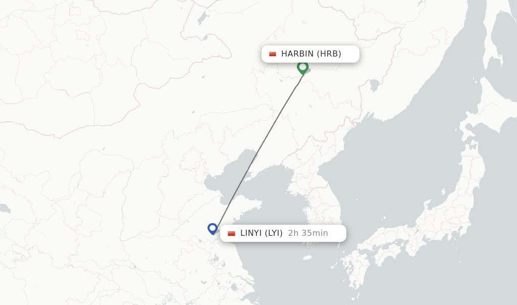 Flights from Harbin to Linyi route map