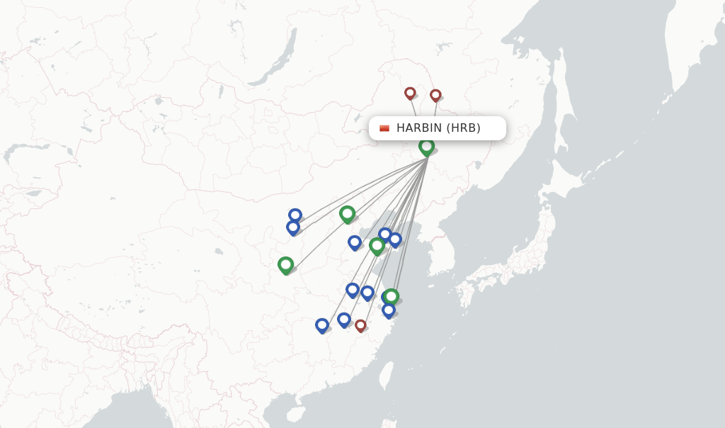 Route map with flights from Harbin with China Eastern