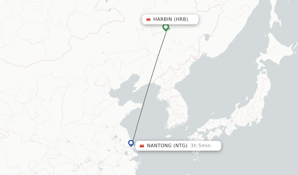 Flights from Harbin to Nantong route map
