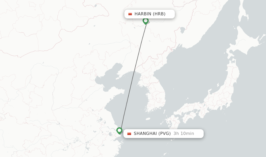 Flights from Harbin to Shanghai route map