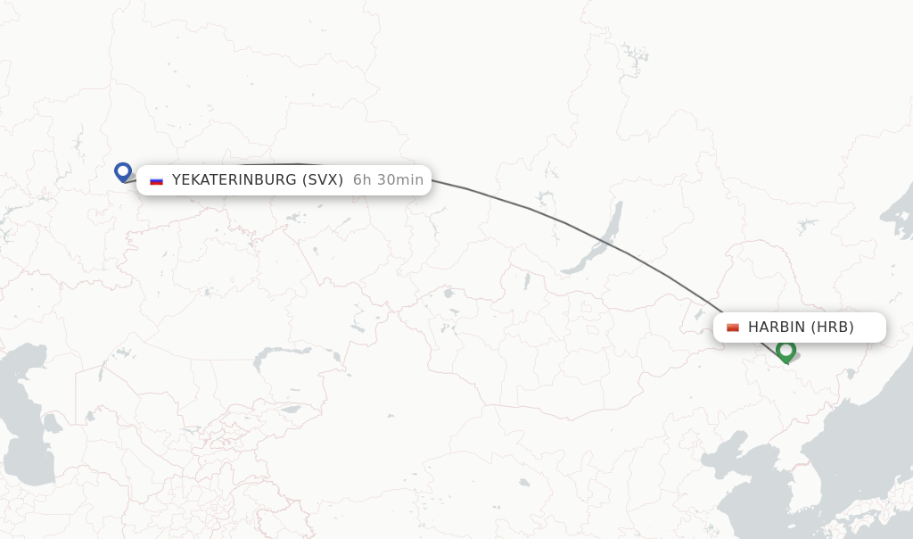 Flights from Harbin to Yekaterinburg route map