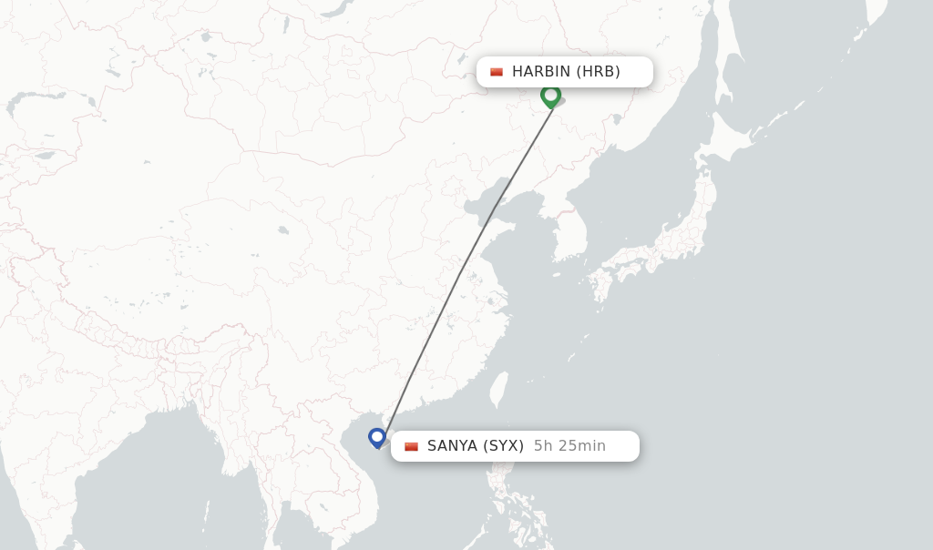 Flights from Harbin to Sanya route map
