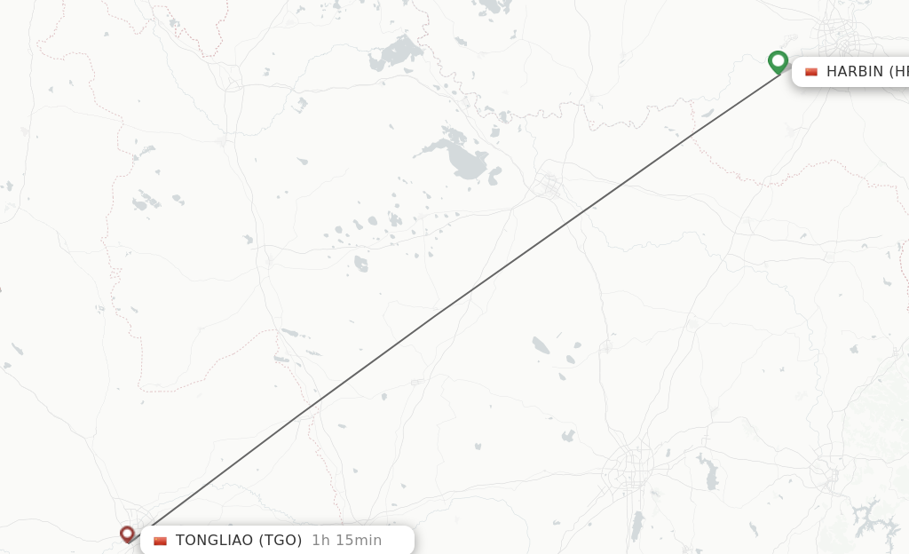Flights from Harbin to Tongliao route map