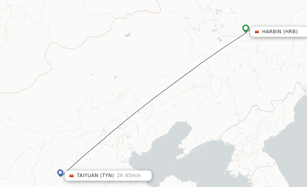 Flights from Harbin to Taiyuan route map
