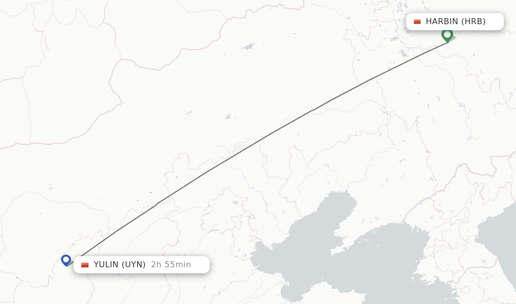 Flights from Harbin to Yulin route map