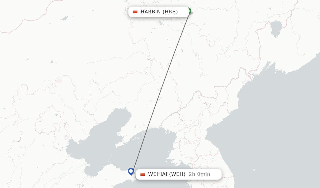 Flights from Harbin to Weihai route map