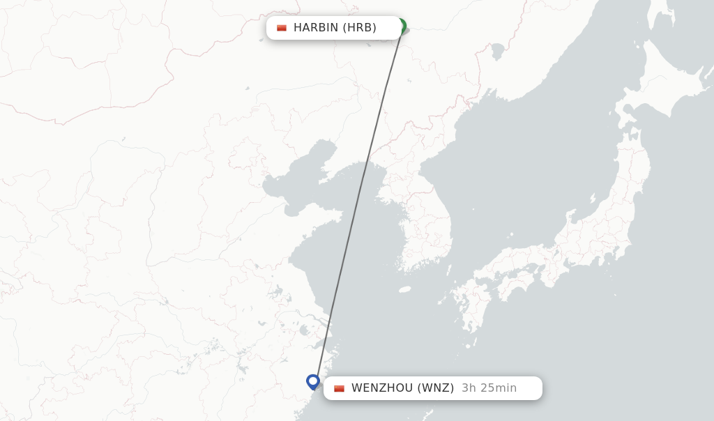 Flights from Harbin to Wenzhou route map