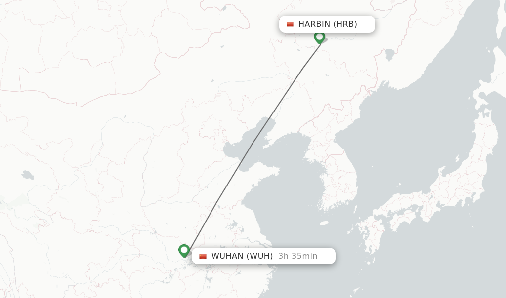 Flights from Harbin to Wuhan route map