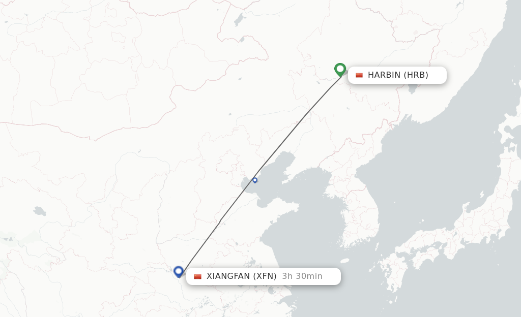 Flights from Harbin to Xiangyang route map