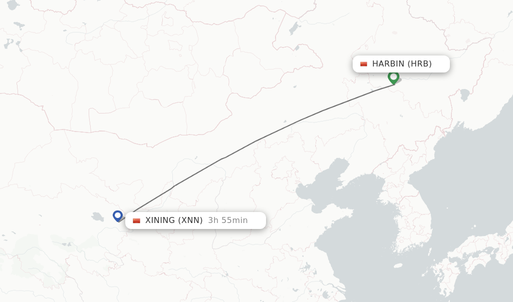 Flights from Harbin to Xining route map