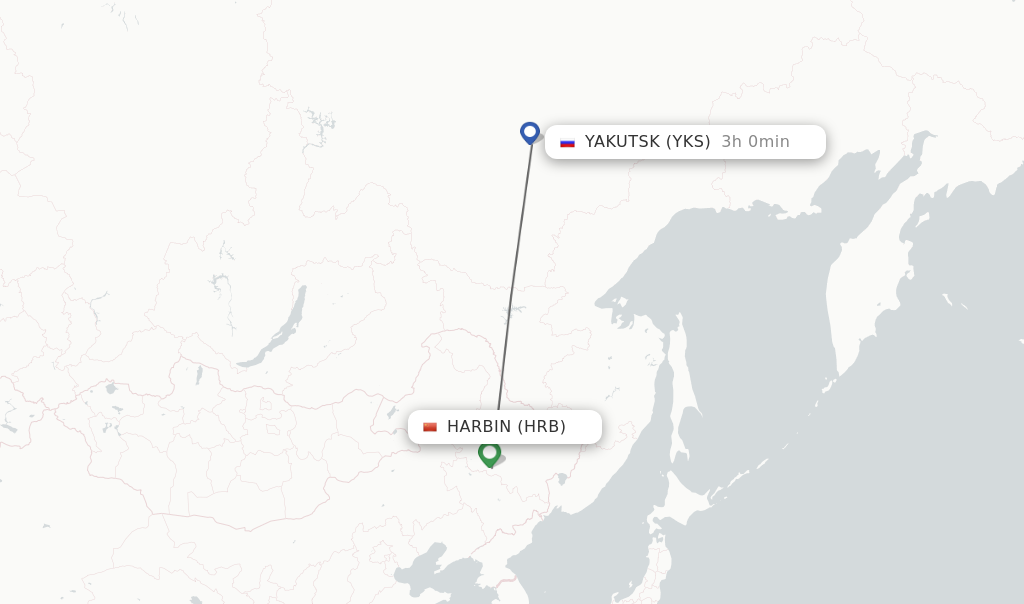 Flights from Harbin to Yakutsk route map