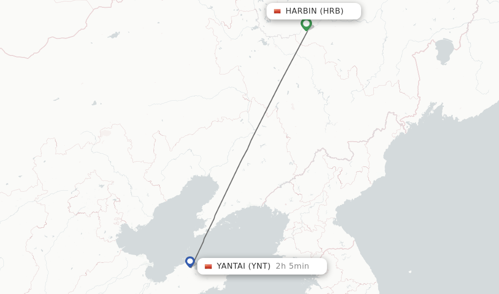 Flights from Harbin to Yantai route map