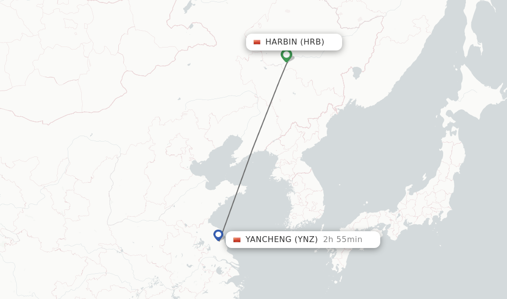 Flights from Harbin to Yancheng route map