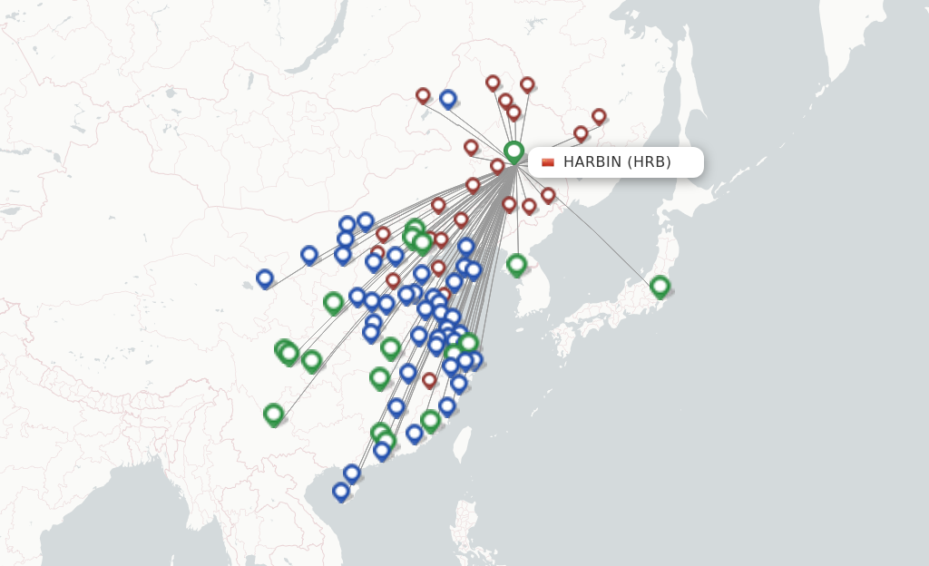 Flights from Harbin to Baishan route map