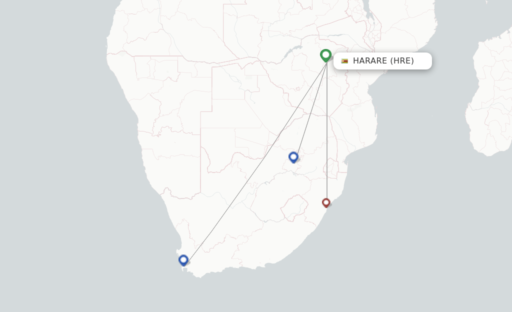 Route map with flights from Harare with Airlink (South Africa)