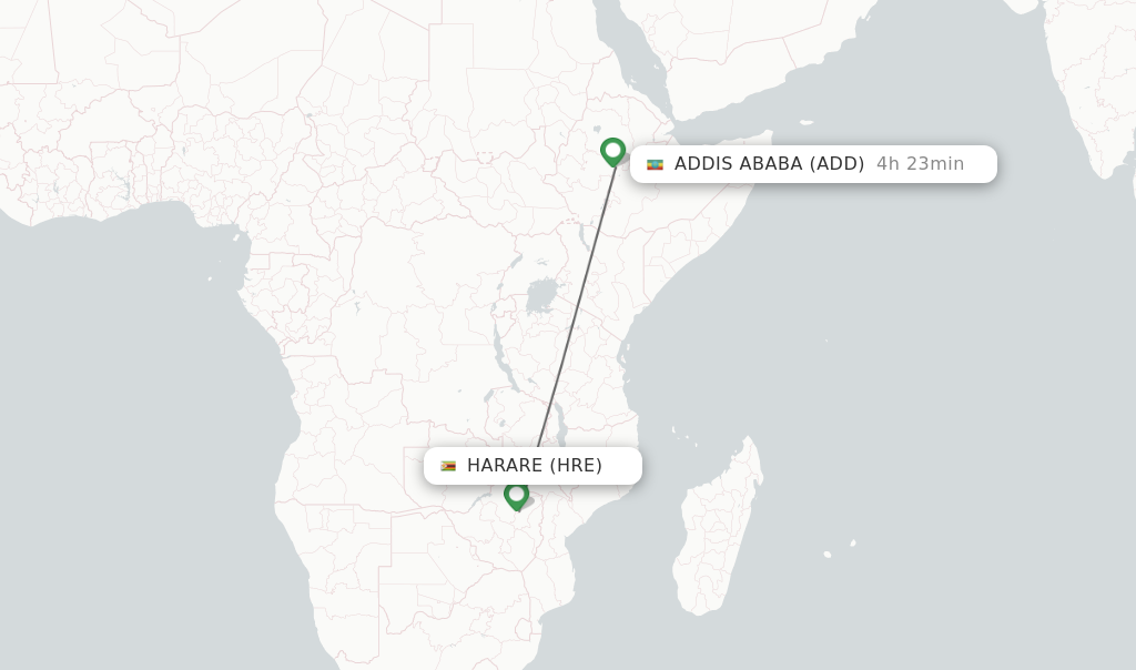 Flights from Harare to Addis Ababa route map