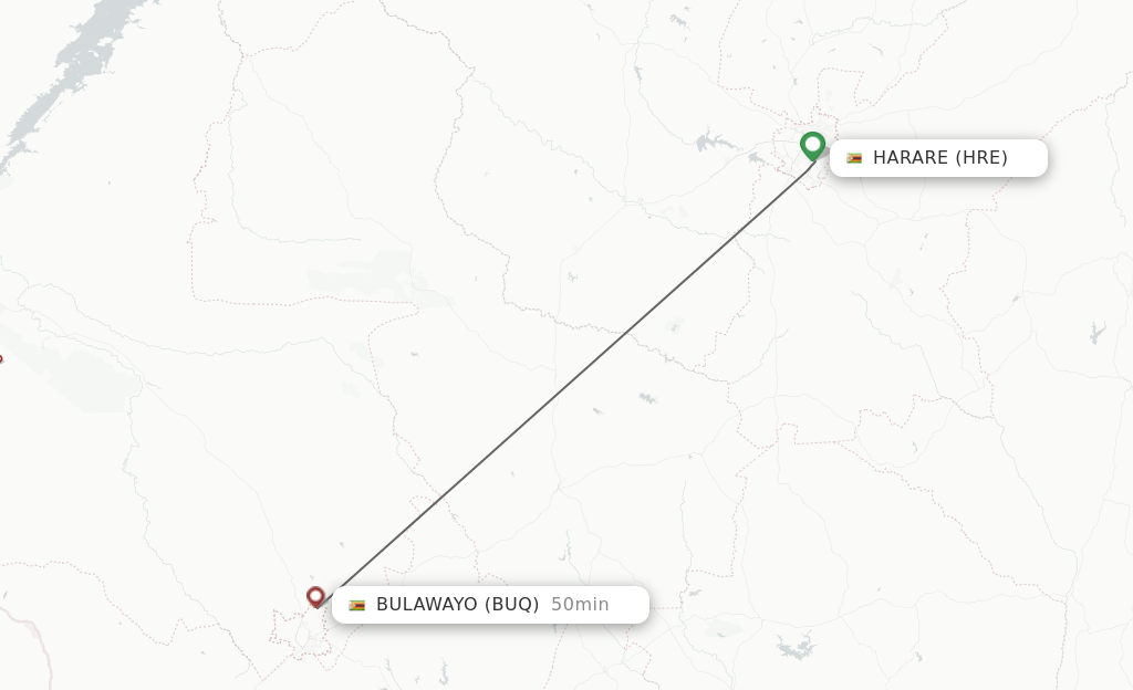 Flights from Harare to Bulawayo route map
