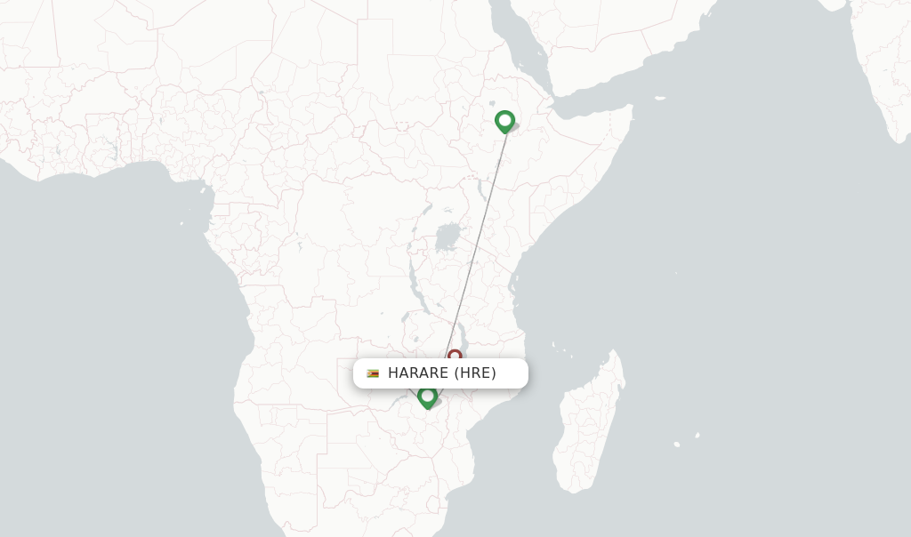 Route map with flights from Harare with Ethiopian