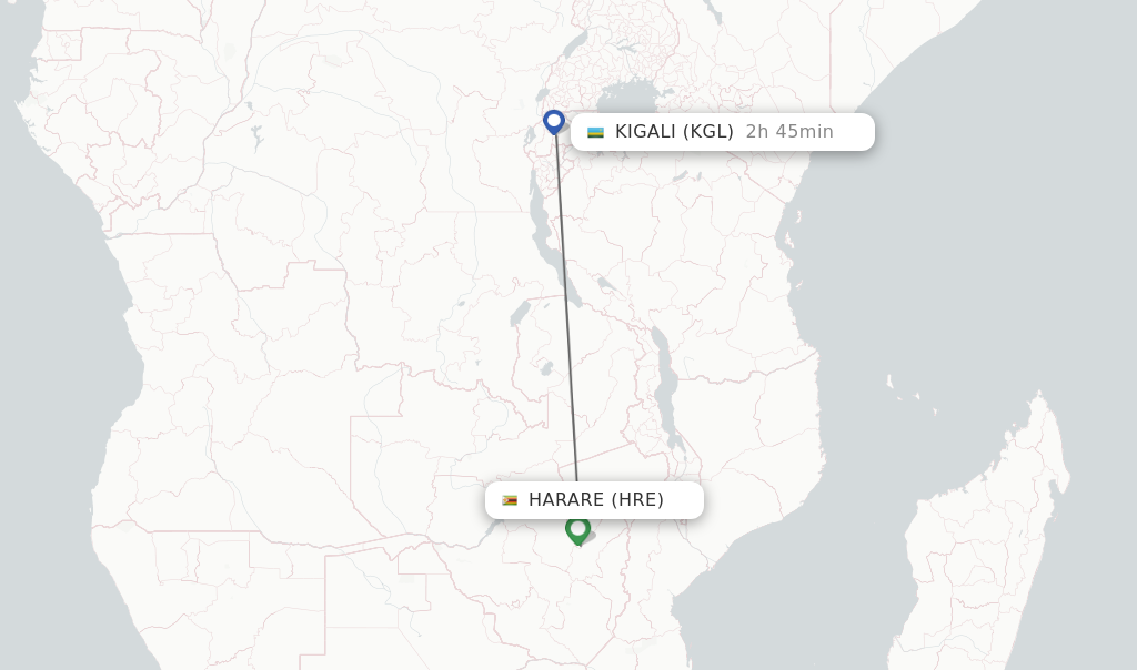 Flights from Harare to Kigali route map