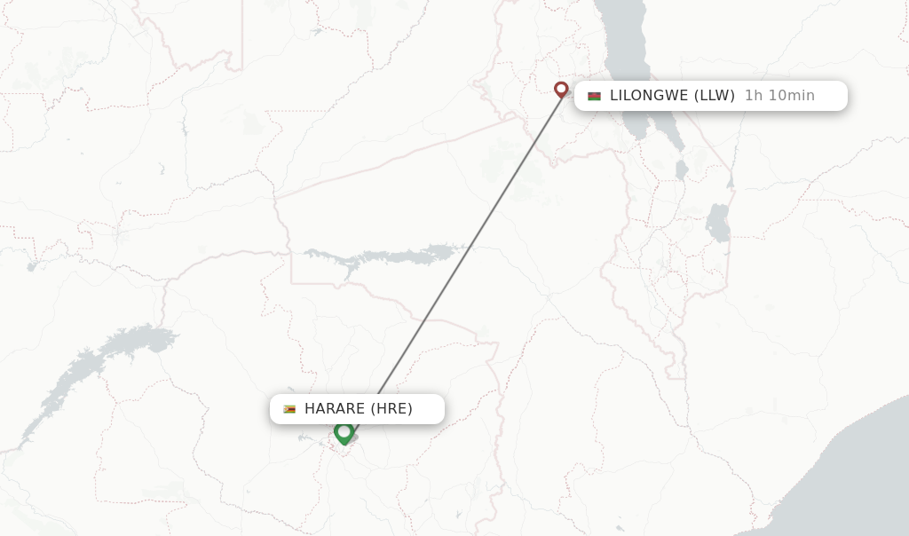 Flights from Harare to Lilongwe route map