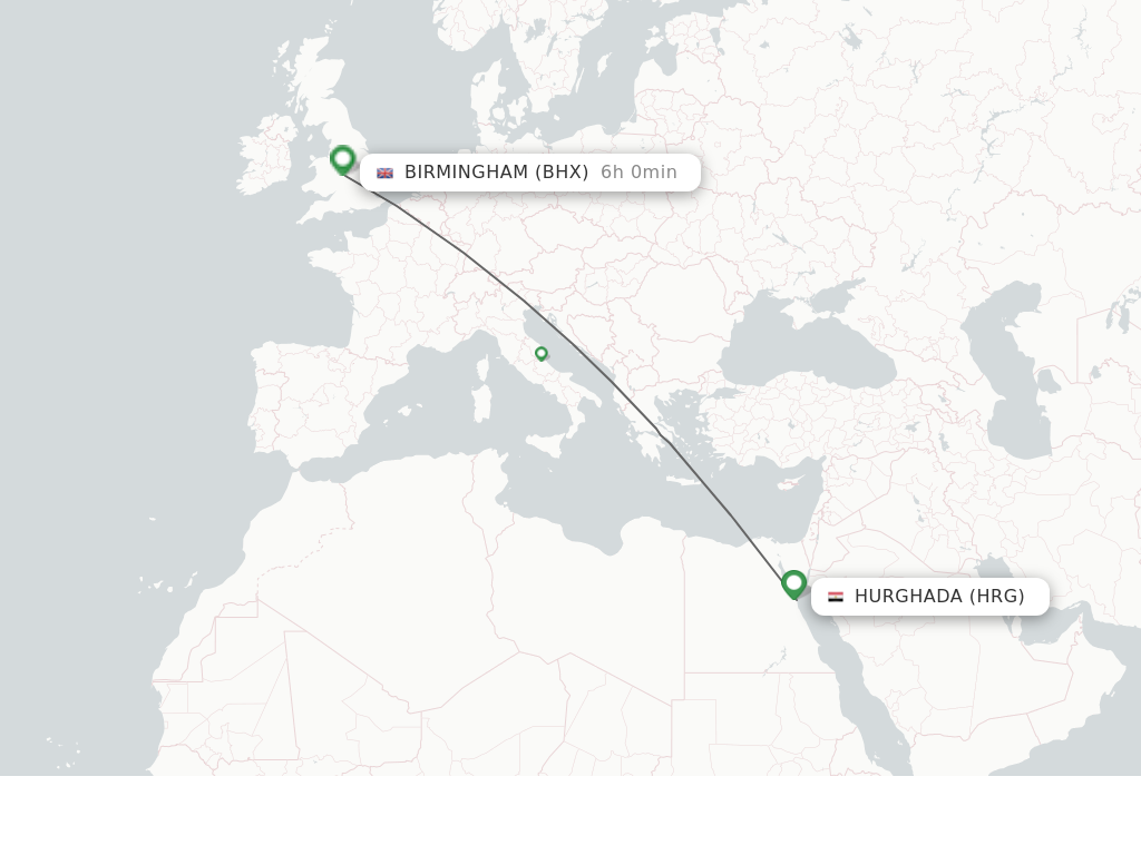 Flights from Hurghada to Birmingham route map