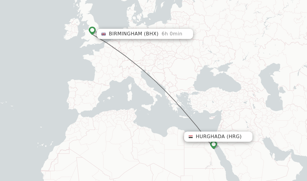 Flights from Hurghada to Birmingham route map
