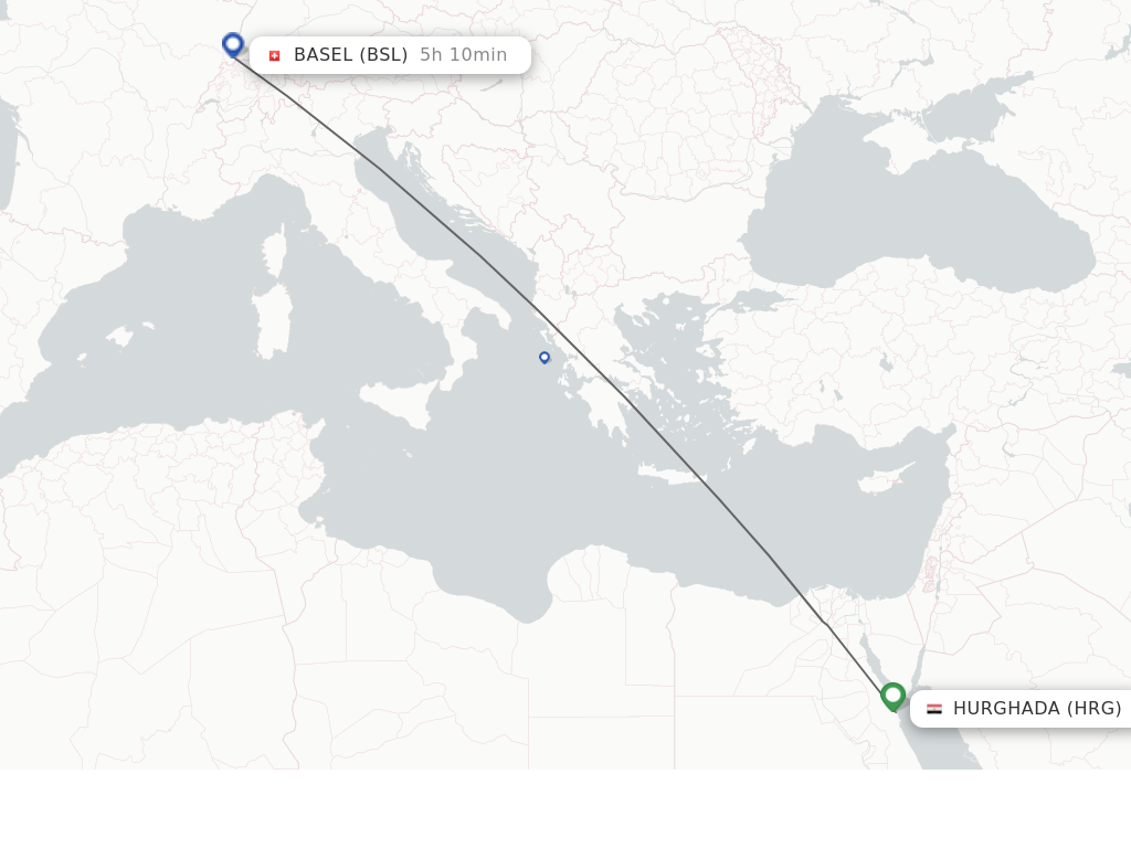 Flights from Hurghada to Basel route map