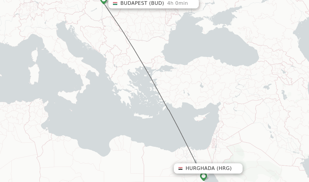 Flights from Hurghada to Budapest route map