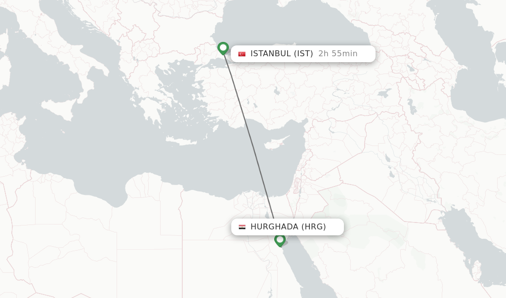Flights from Hurghada to Istanbul route map