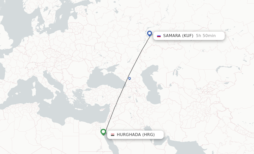 Flights from Hurghada to Samara route map