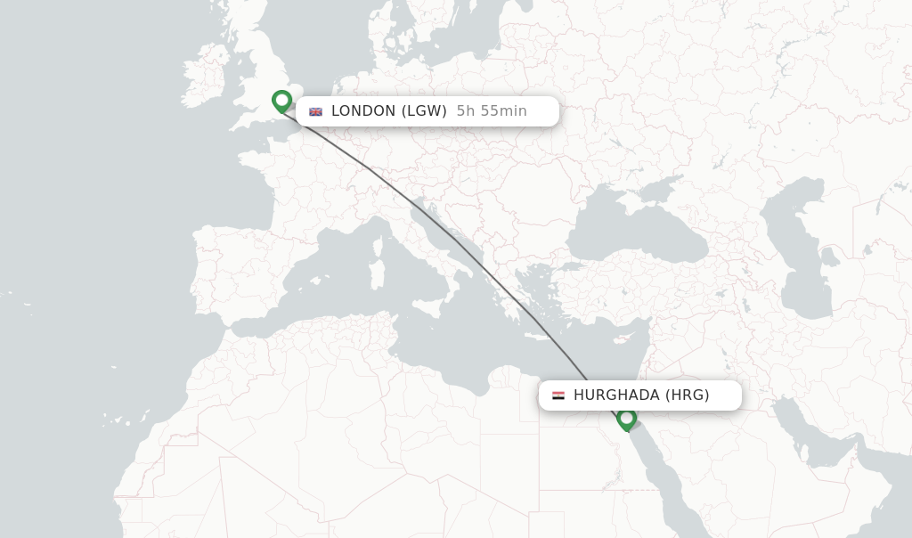 Flights from Hurghada to London route map