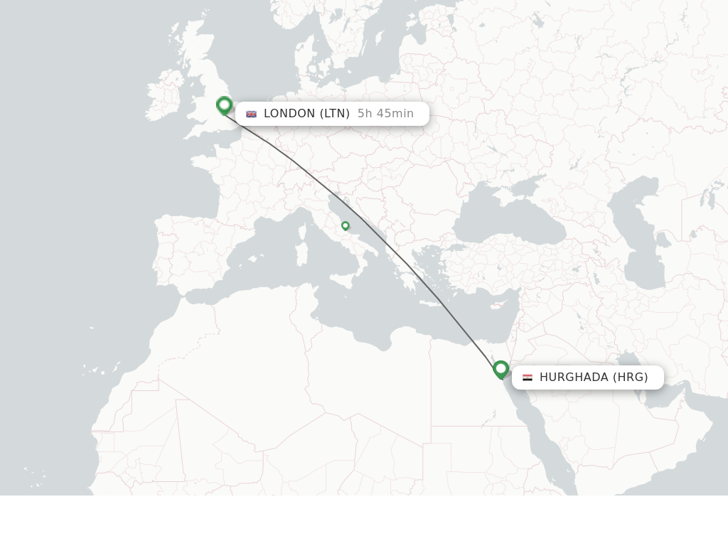 Flights from Hurghada to London route map