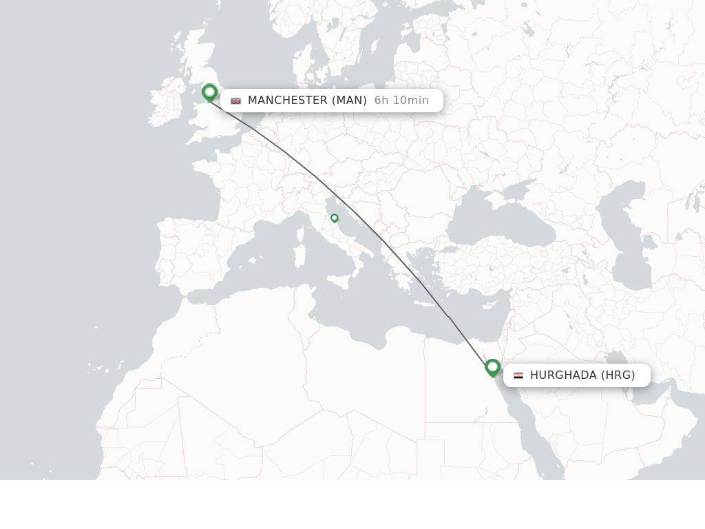 Flights from Hurghada to Manchester route map