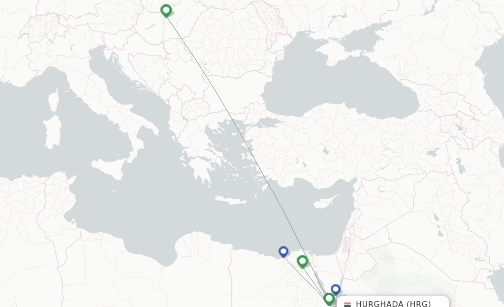 Route map with flights from Hurghada with EgyptAir