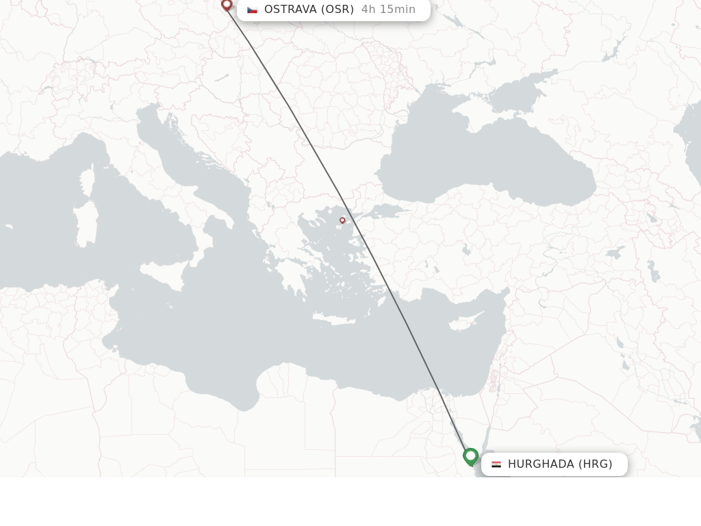 Flights from Hurghada to Ostrava route map