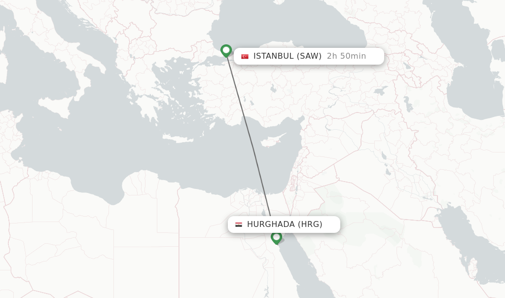 Flights from Hurghada to Istanbul route map
