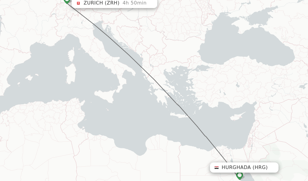 Flights from Hurghada to Zurich route map