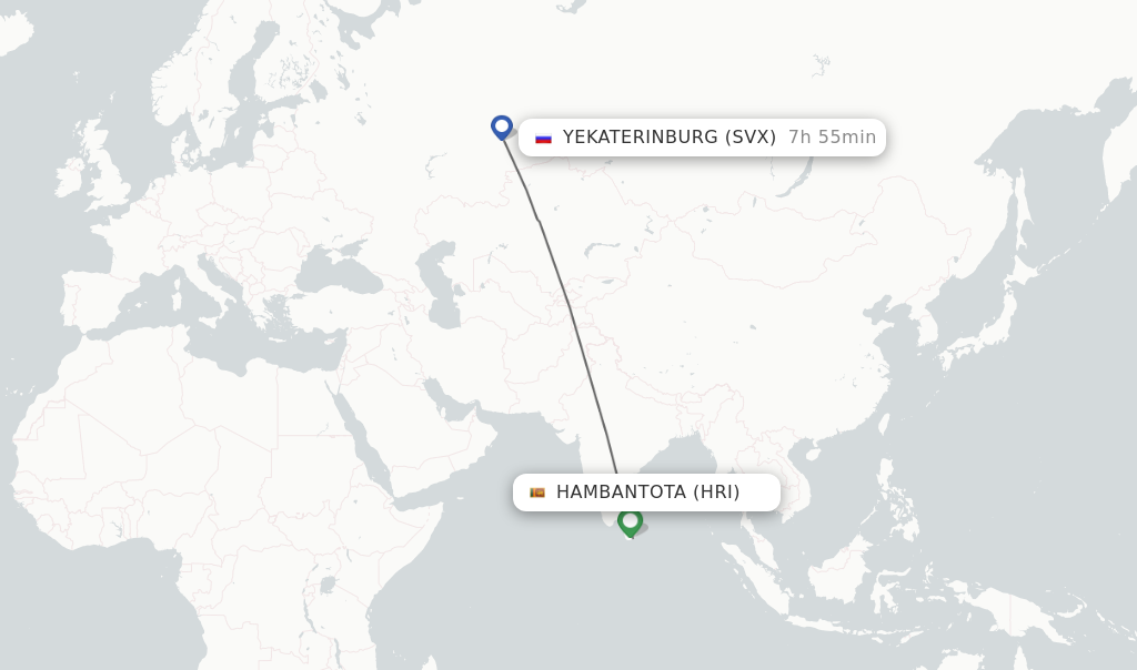 Flights from Yekaterinburg to Hambantota route map
