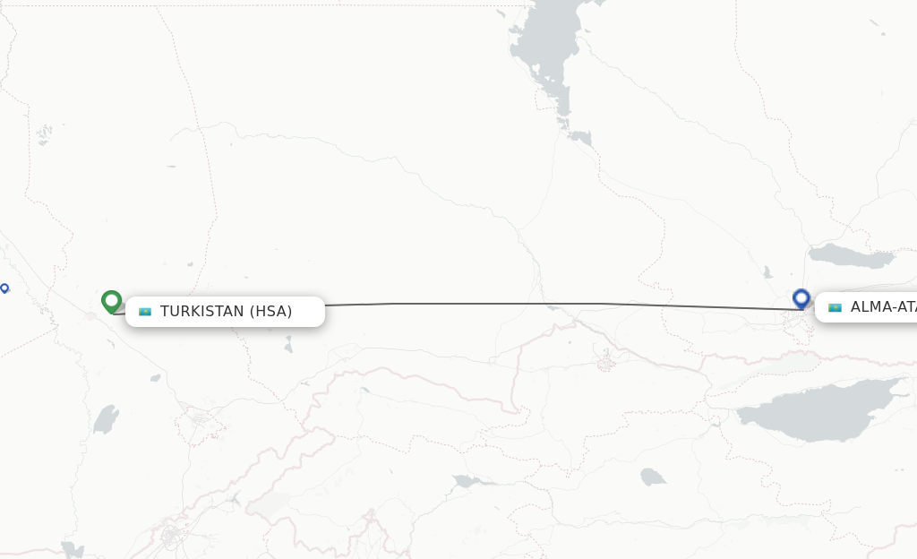 Flights from Turkistan to Almaty route map