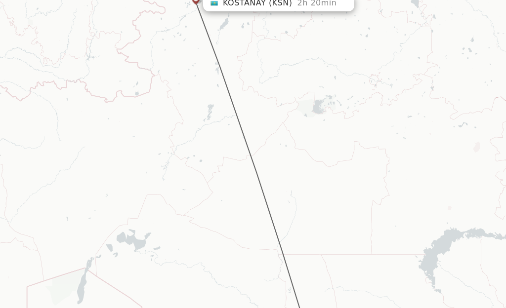 Flights from Turkistan to Kostanay route map