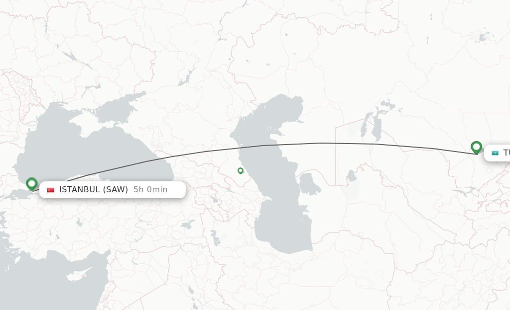Flights from Turkistan to Istanbul route map