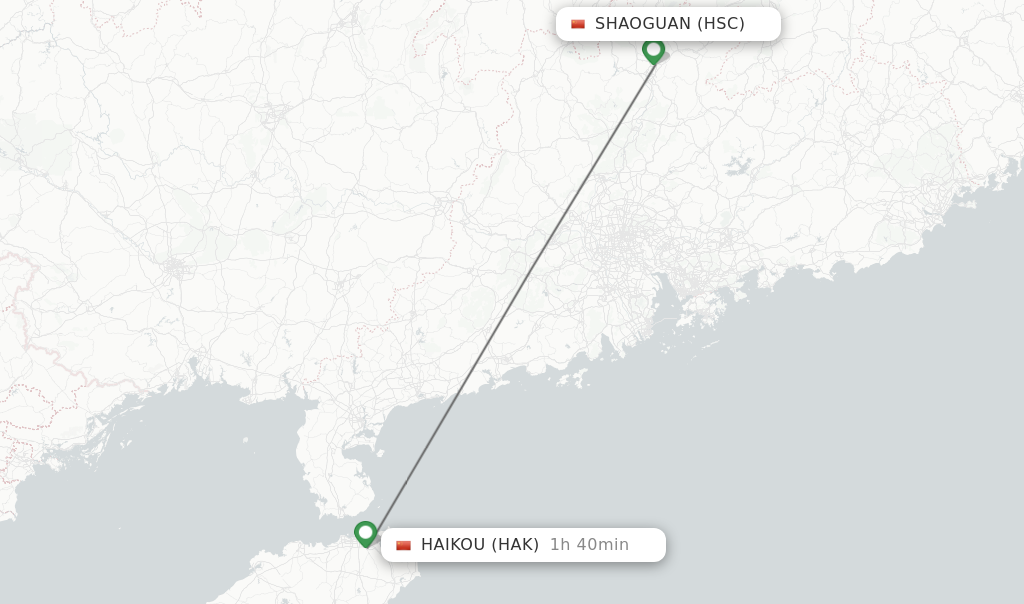 Flights from Shaoguan to Haikou route map